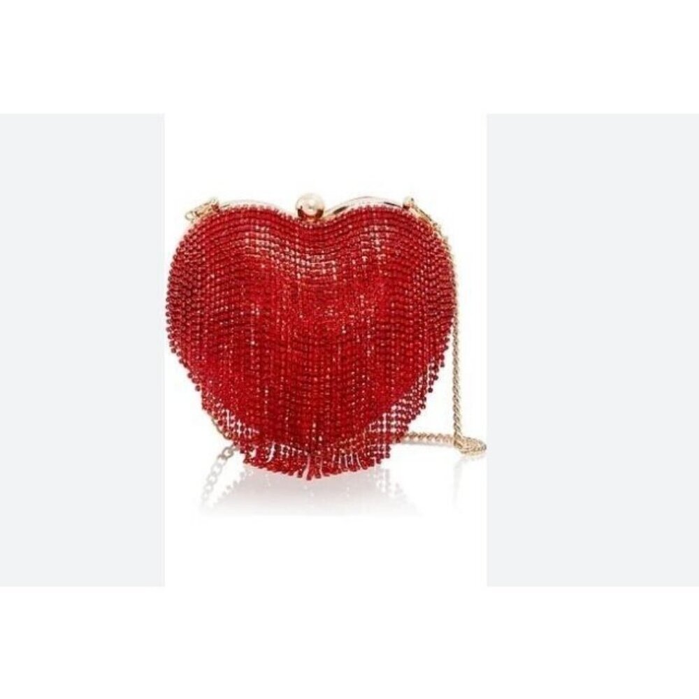 AQUA heart shaped crystal embellished women's clutch minaudiere - RED